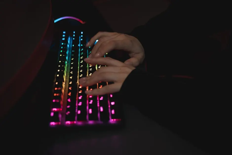 Manos escribiendo en un teclado retroiluminado a oscuras