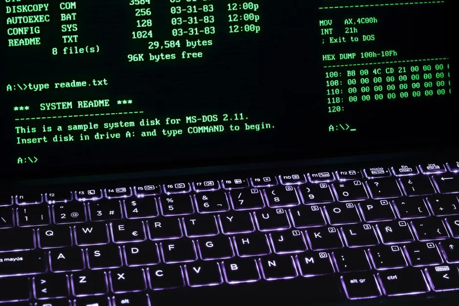 Pantalla de terminal antigua con texto verde sobre un teclado retroiluminado