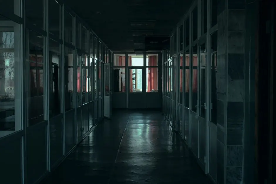Pasillo largo y oscuro con puertas cerradas a los lados